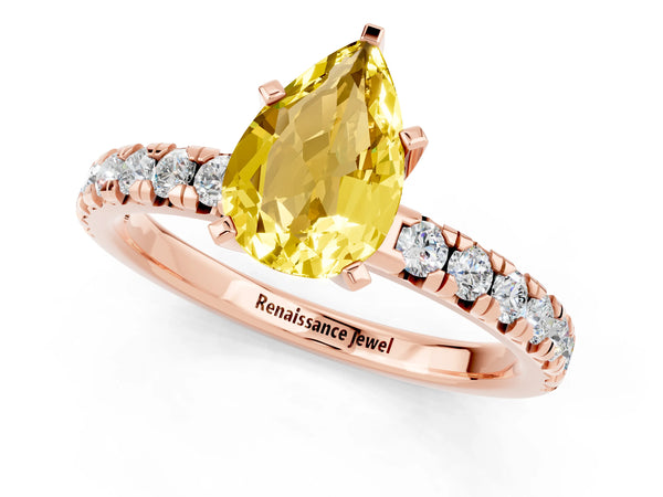 Rose gold Pear Cut Yellow Sapphire Solitaire Pavé Engagement Ring with Round Band and Prong Setting