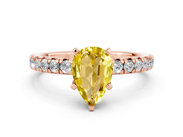 Rose gold Pear Cut Yellow Sapphire Solitaire Pavé Engagement Ring with Round Band and Prong Setting