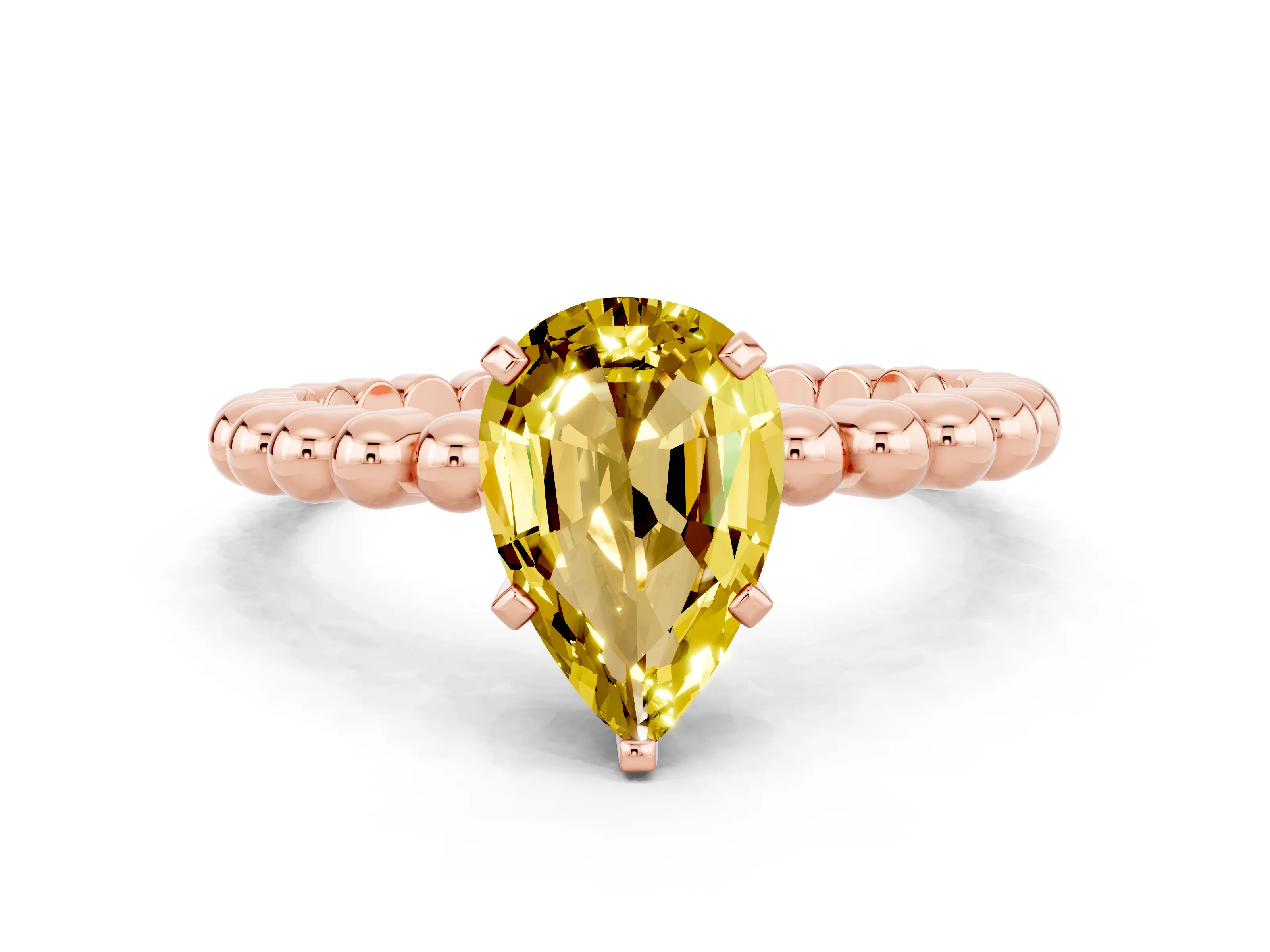 Rose gold Pear Cut Yellow Sapphire Solitaire Ring with Beaded Band and Prong Setting