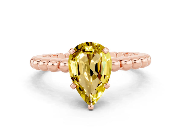 Rose gold Pear Cut Yellow Sapphire Solitaire Ring with Beaded Band and Prong Setting