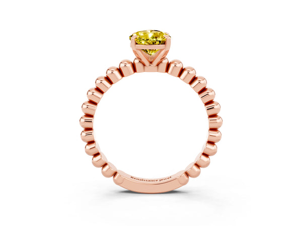 Rose gold Pear Cut Yellow Sapphire Solitaire Ring with Beaded Band and Prong Setting
