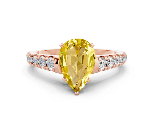 Rose gold Pear Cut Yellow Sapphire Cathedral Solitaire Ring with Round  Pavé Band