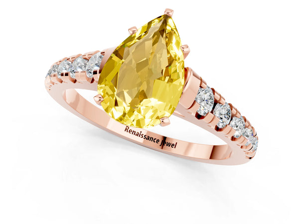 Rose gold Pear Cut Yellow Sapphire Cathedral Solitaire Ring with Round  Pavé Band
