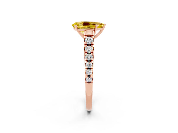 Rose gold Pear Cut Yellow Sapphire Cathedral Solitaire Ring with Round  Pavé Band