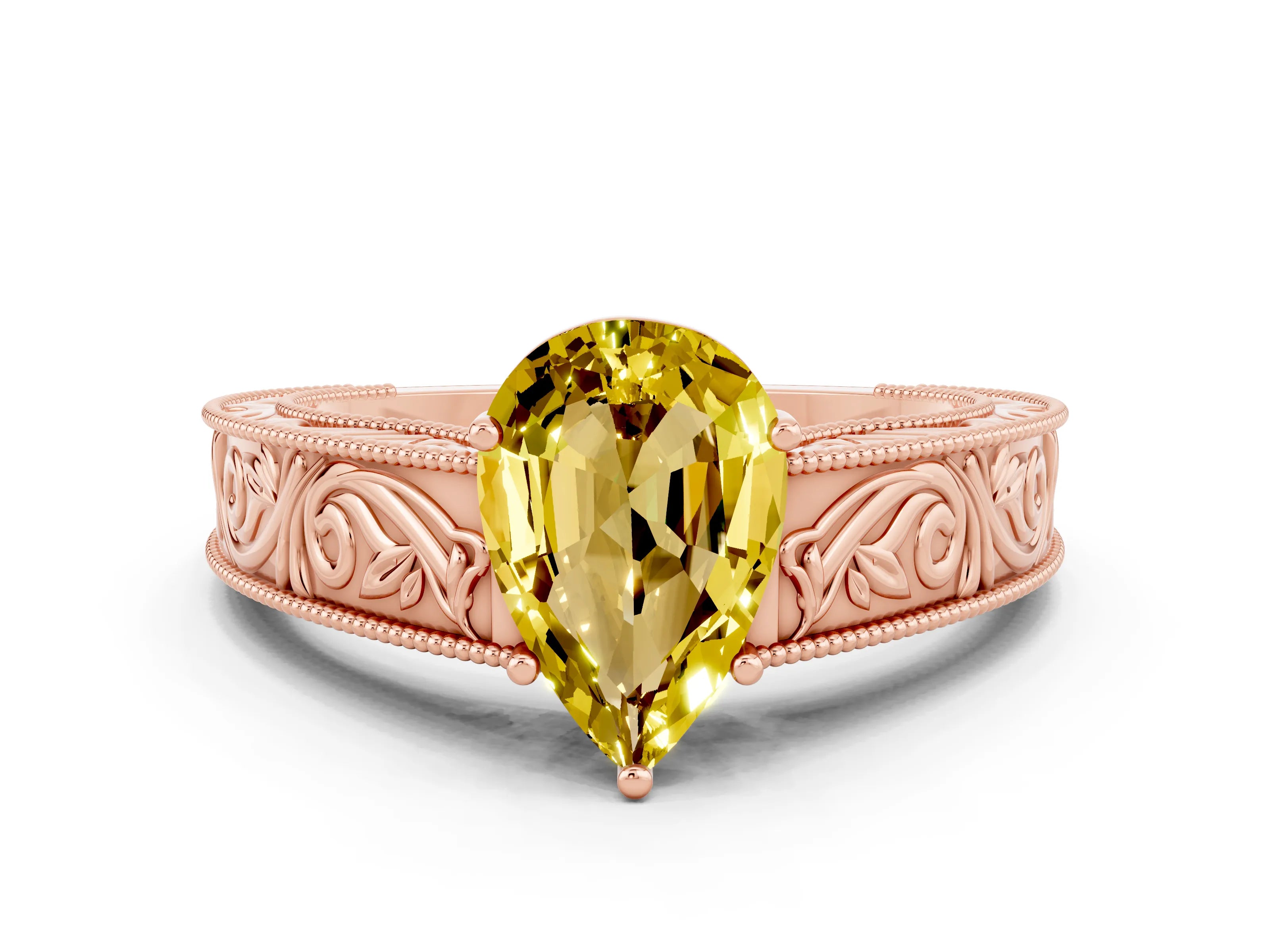 Rose gold Pear Cut Yellow Sapphire Solitaire Ring with Engraved Band and Four-Prong Setting