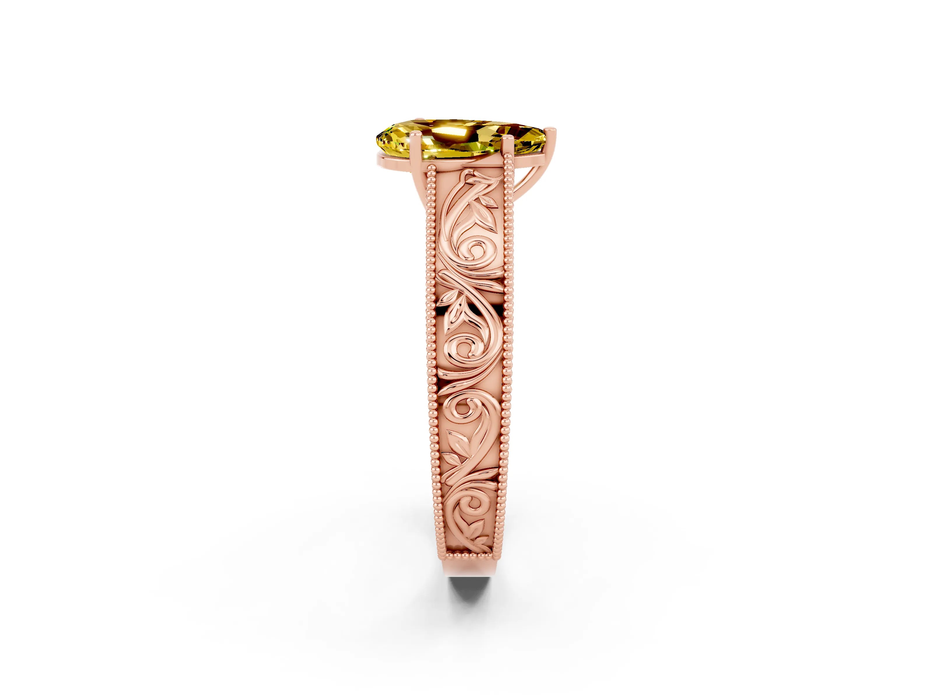 Rose gold Pear Cut Yellow Sapphire Solitaire Ring with Engraved Band and Four-Prong Setting_2