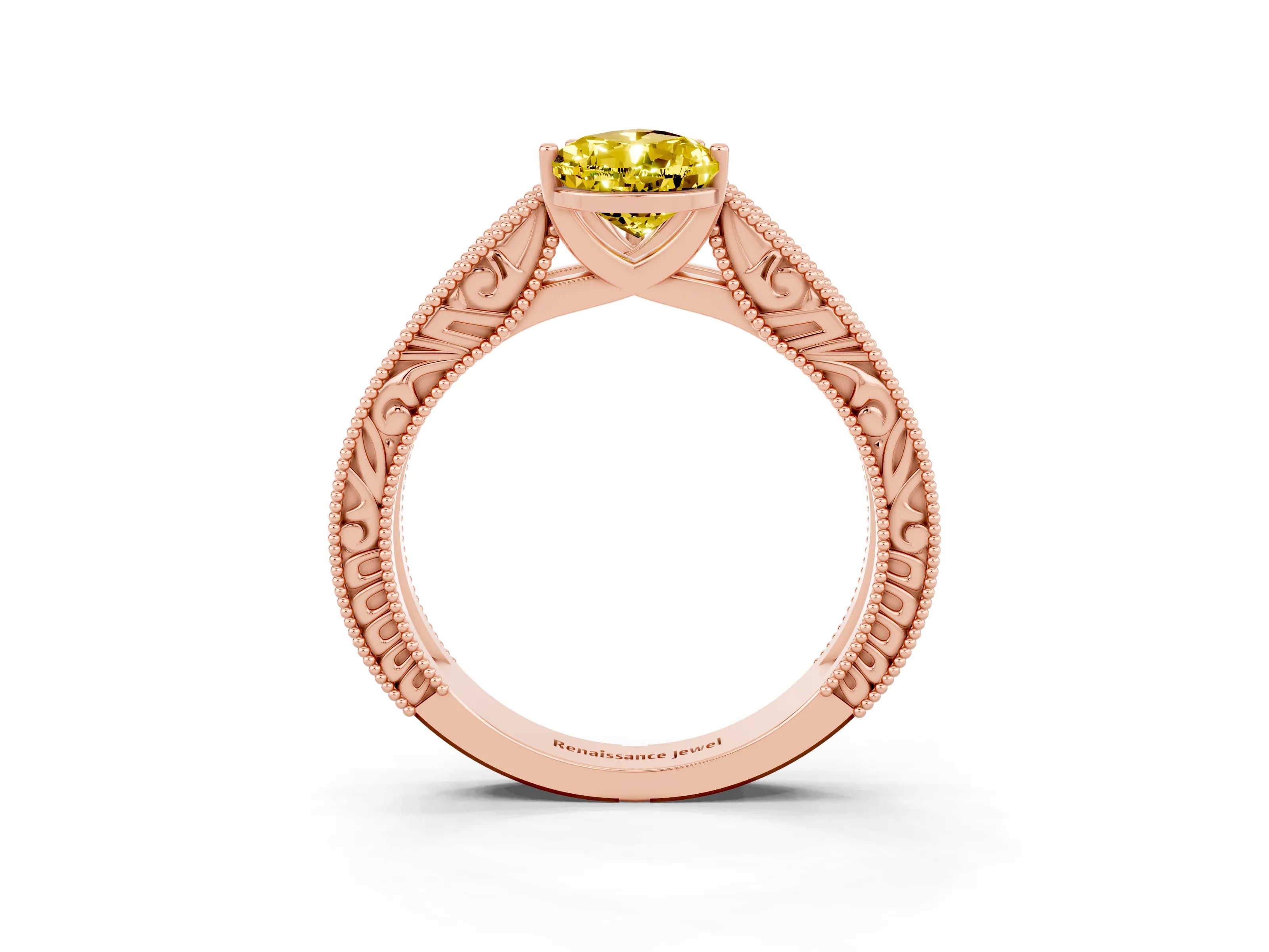Rose gold Pear Cut Yellow Sapphire Solitaire Ring with Engraved Band and Four-Prong Setting_3