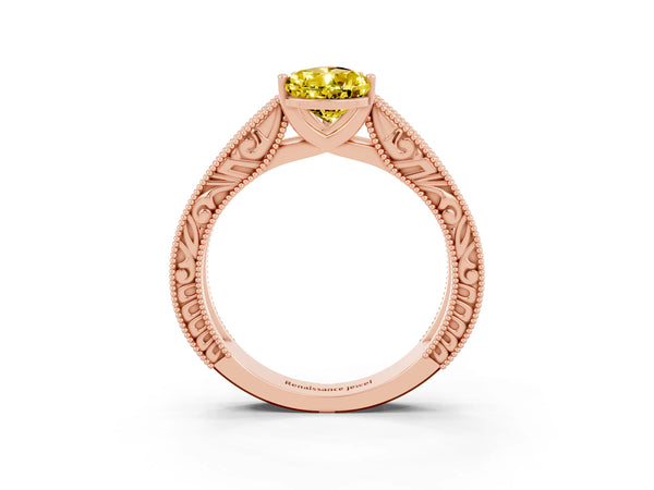 Rose gold Pear Cut Yellow Sapphire Solitaire Ring with Engraved Band and Four-Prong Setting