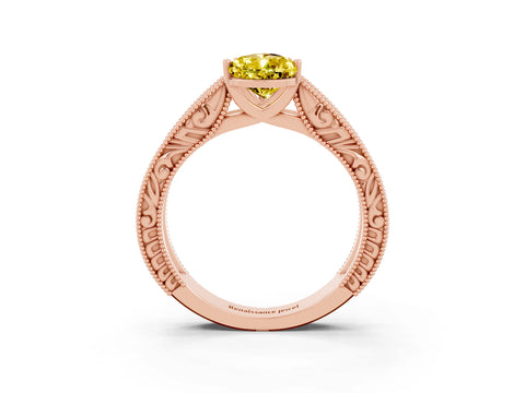 Rose gold Pear Cut Yellow Sapphire Solitaire Ring with Engraved Band and Four-Prong Setting_3
