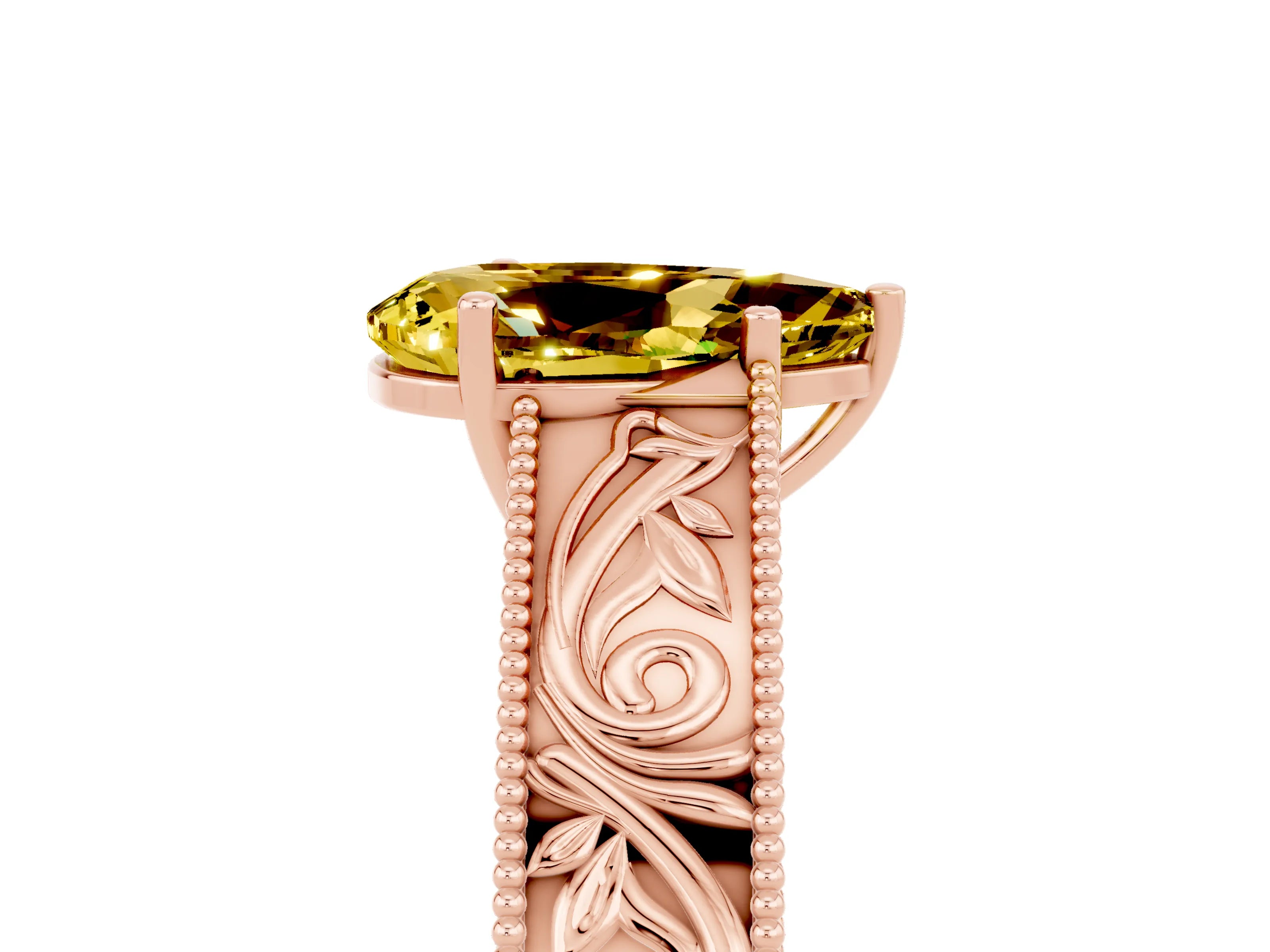 Rose gold Pear Cut Yellow Sapphire Solitaire Ring with Engraved Band and Four-Prong Setting_5