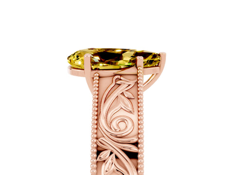 Rose gold Pear Cut Yellow Sapphire Solitaire Ring with Engraved Band and Four-Prong Setting_5
