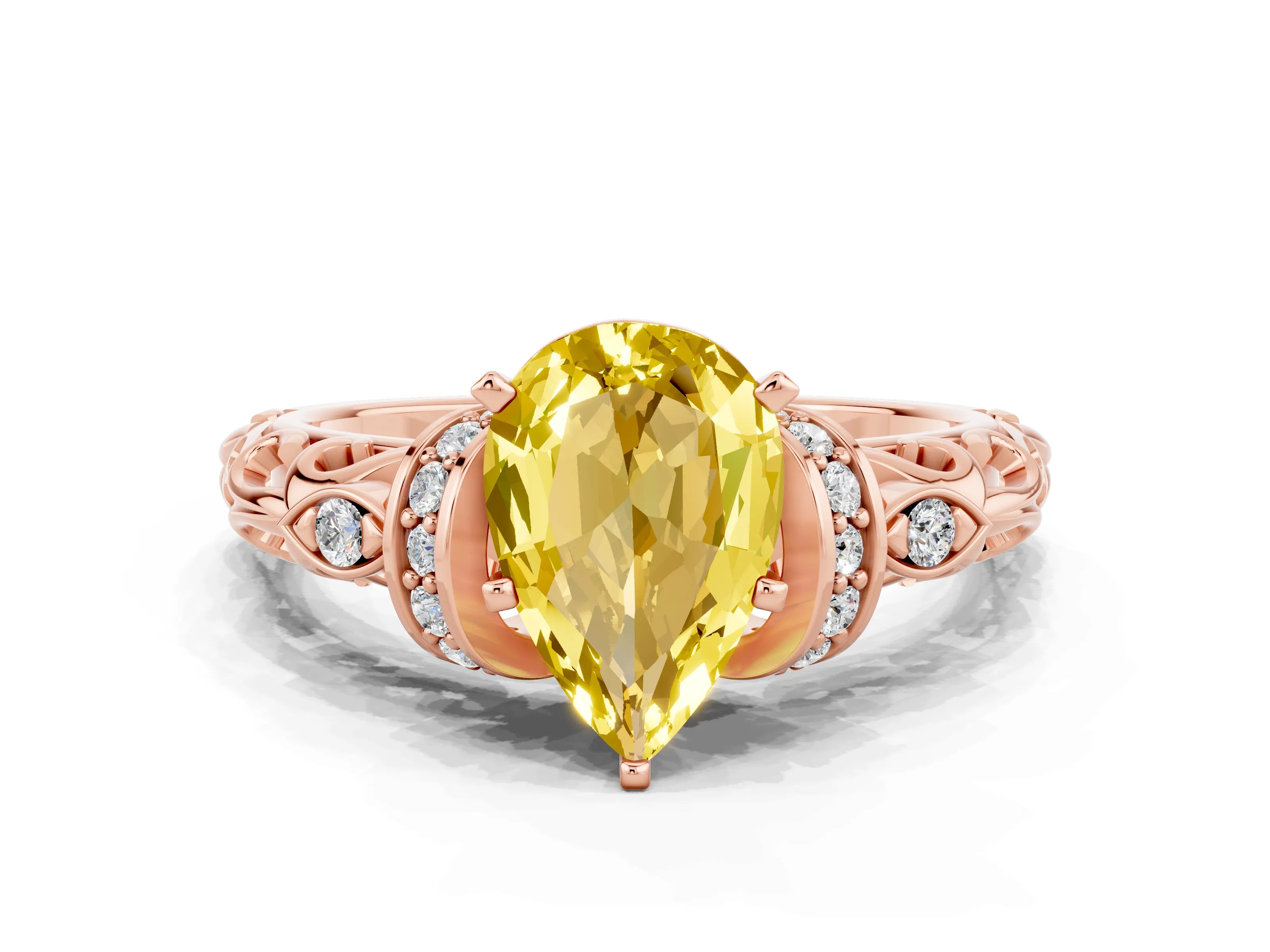 Rose gold Pear Cut Yellow Sapphire Solitaire Ring with Filigree Band and Four-Prong Setting_48