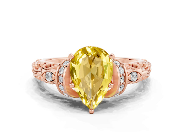 Rose gold Pear Cut Yellow Sapphire Solitaire Ring with Filigree Band and Four-Prong Setting