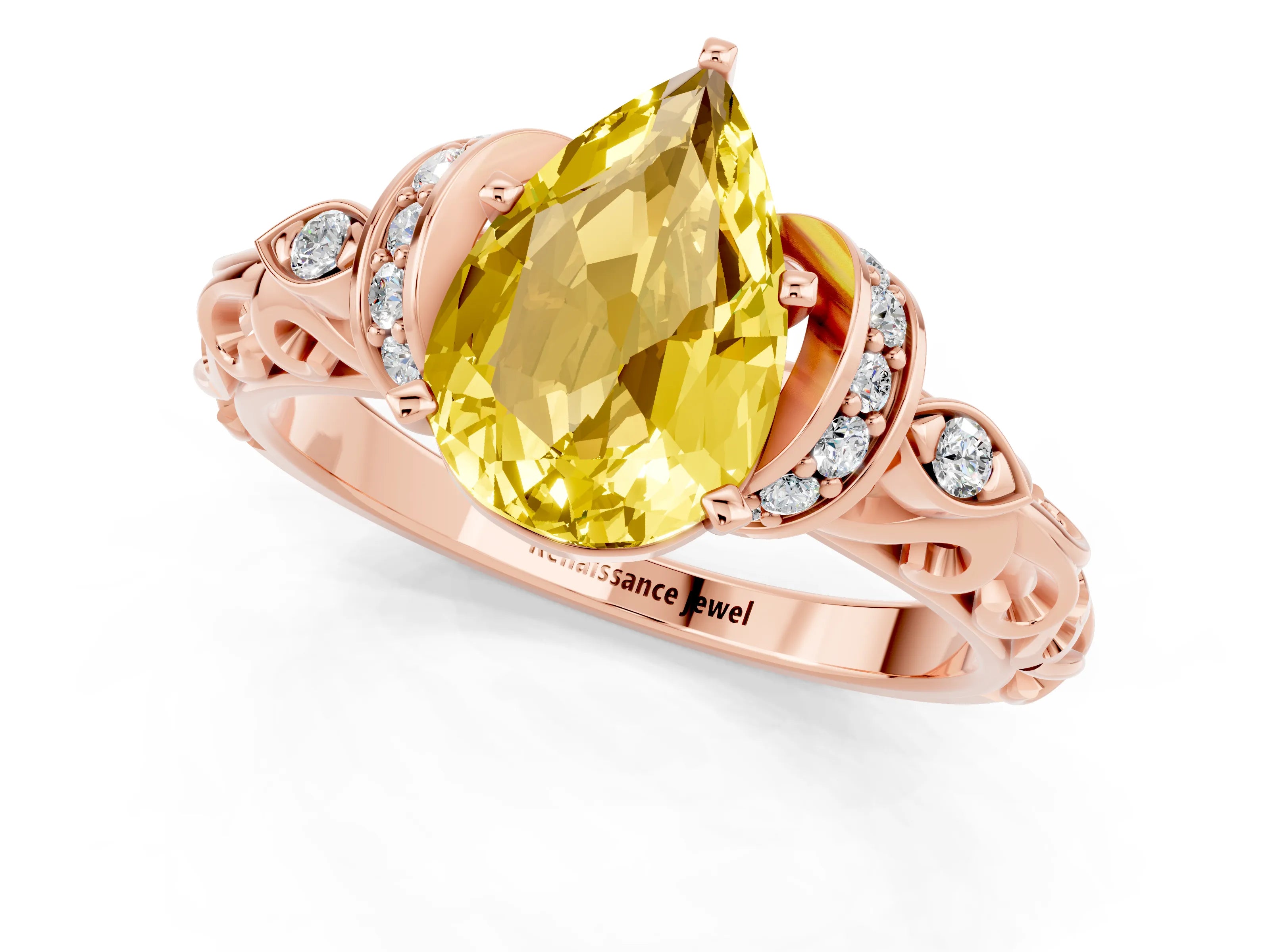 Rose gold Pear Cut Yellow Sapphire Solitaire Ring with Filigree Band and Four-Prong Setting_49