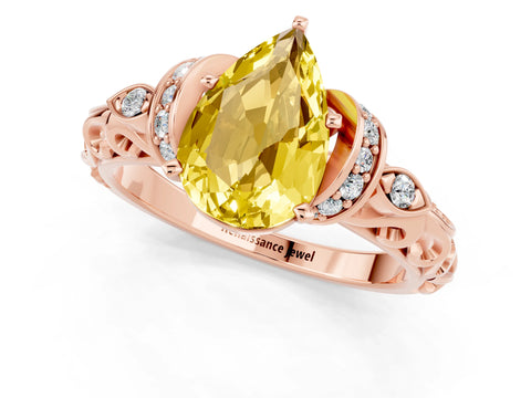 Rose gold Pear Cut Yellow Sapphire Solitaire Ring with Filigree Band and Four-Prong Setting_49