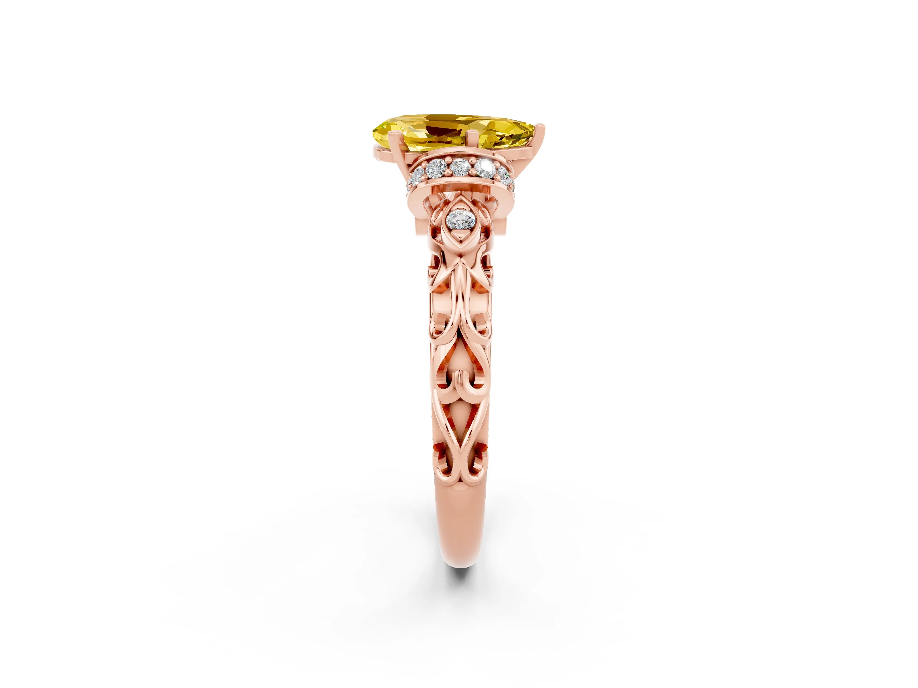 Rose gold Pear Cut Yellow Sapphire Solitaire Ring with Filigree Band and Four-Prong Setting_50