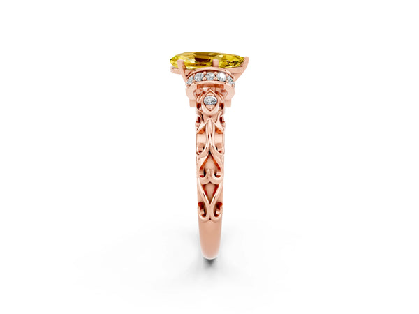 Rose gold Pear Cut Yellow Sapphire Solitaire Ring with Filigree Band and Four-Prong Setting