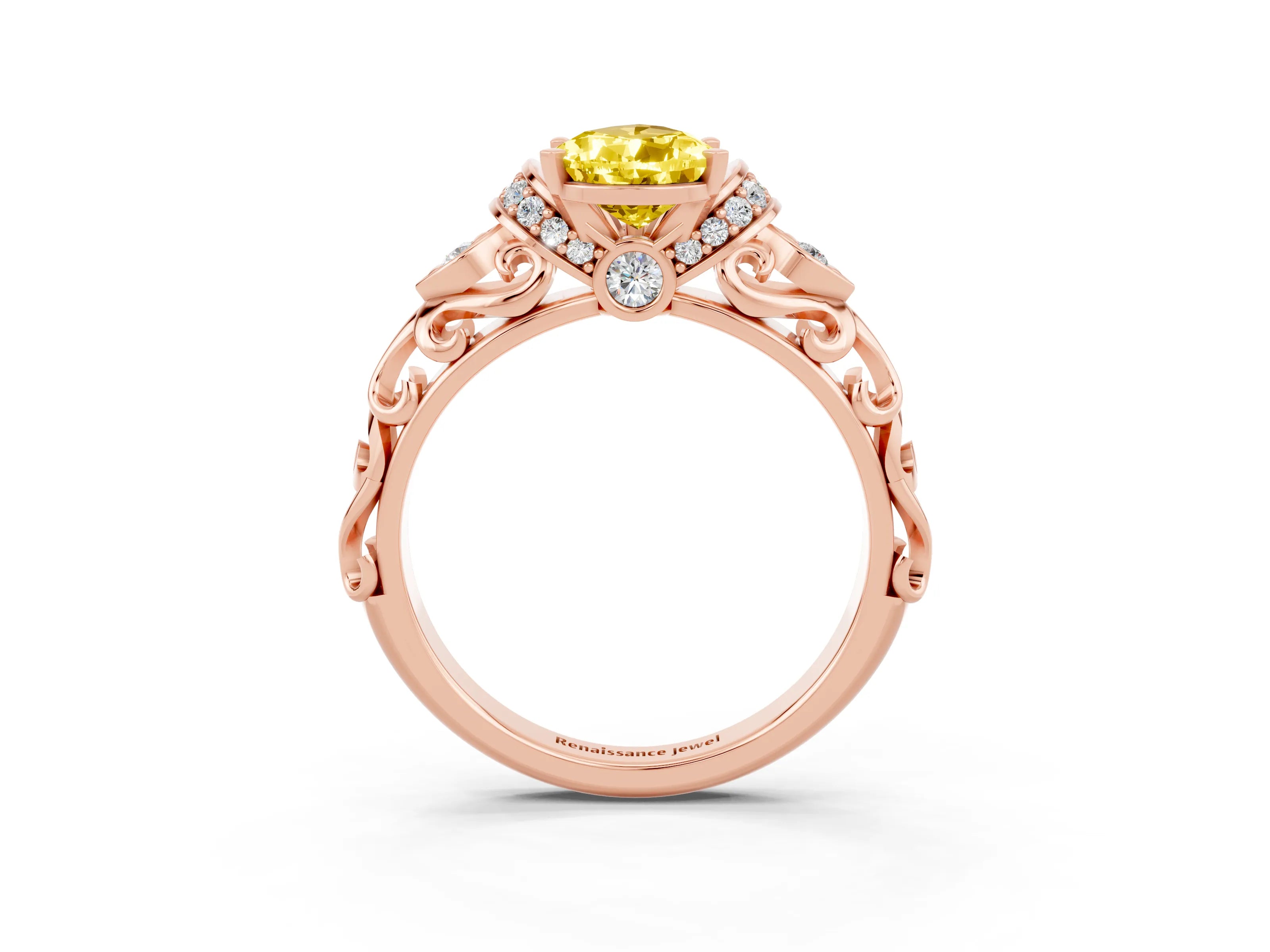 Rose gold Pear Cut Yellow Sapphire Solitaire Ring with Filigree Band and Four-Prong Setting_51