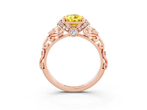 Rose gold Pear Cut Yellow Sapphire Solitaire Ring with Filigree Band and Four-Prong Setting