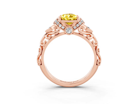 Rose gold Pear Cut Yellow Sapphire Solitaire Ring with Filigree Band and Four-Prong Setting_51