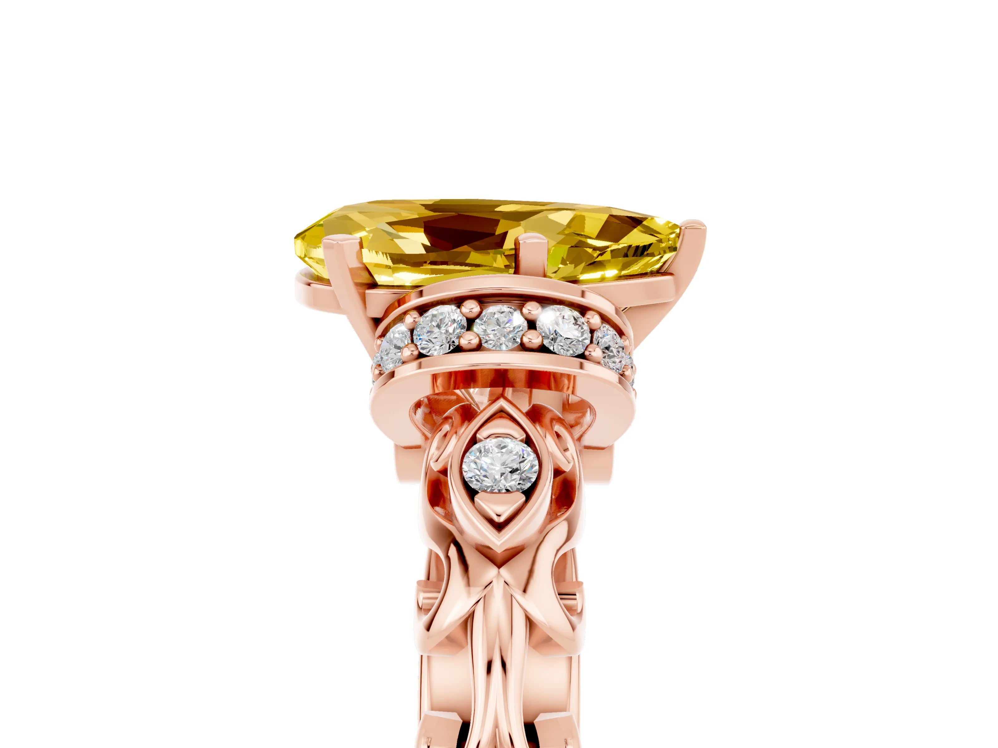 Rose gold Pear Cut Yellow Sapphire Solitaire Ring with Filigree Band and Four-Prong Setting_53