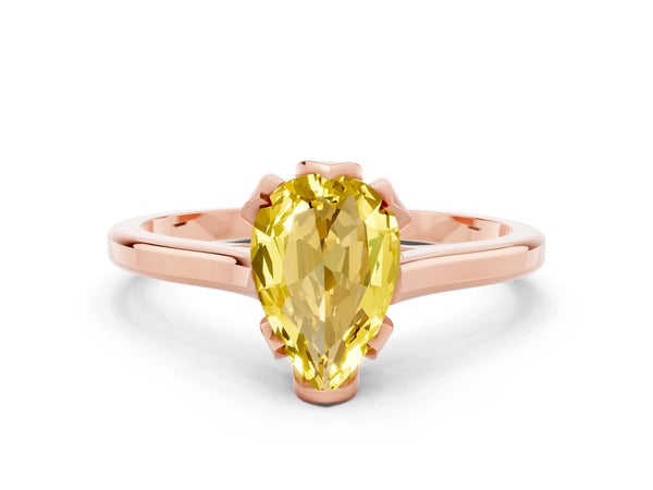 Rose gold Pear Cut Yellow Sapphire Solitaire Ring with Flower Prong Setting and Classic Band