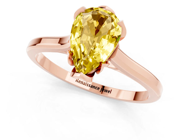 Rose gold Pear Cut Yellow Sapphire Solitaire Ring with Flower Prong Setting and Classic Band