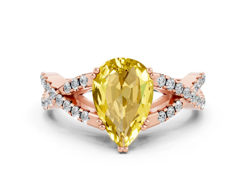 Rose gold Pear Cut Yellow Sapphire Solitaire Ring with Four-Prong Setting and Twisted Pavé Band_12
