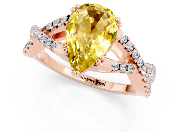 Rose gold Pear Cut Yellow Sapphire Solitaire Ring with Four-Prong Setting and Twisted Pavé Band