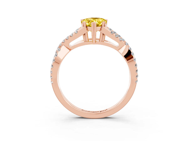Rose gold Pear Cut Yellow Sapphire Solitaire Ring with Four-Prong Setting and Twisted Pavé Band