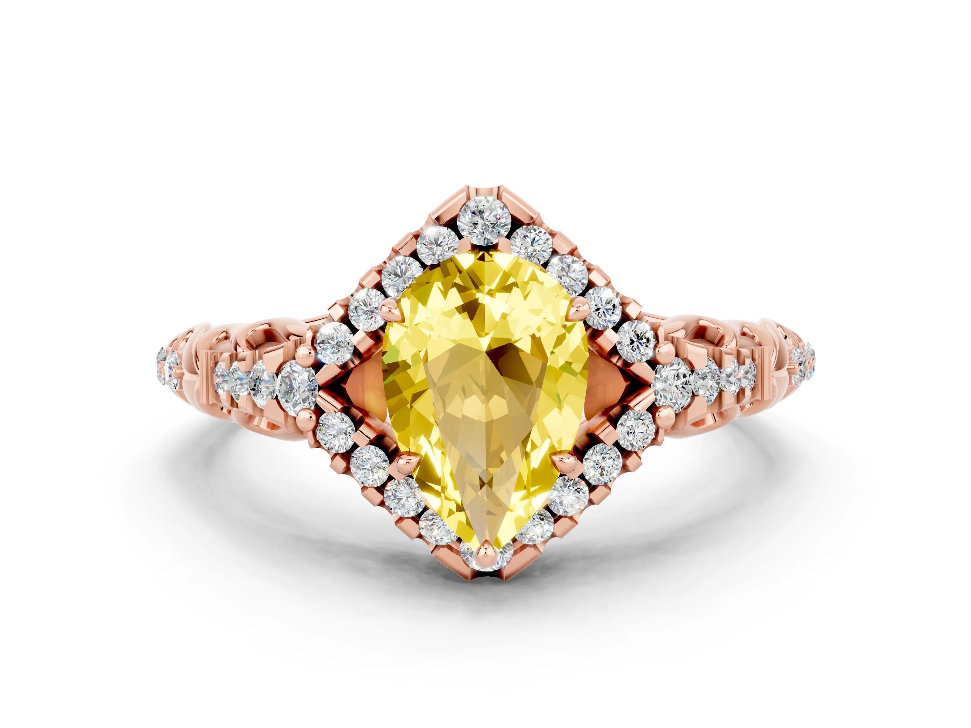 Rose gold Pear Cut Yellow Sapphire Solitaire Ring with Hidden Halo and Pavé Band_12