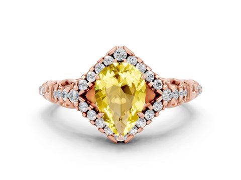 Rose gold Pear Cut Yellow Sapphire Solitaire Ring with Hidden Halo and Pavé Band_12