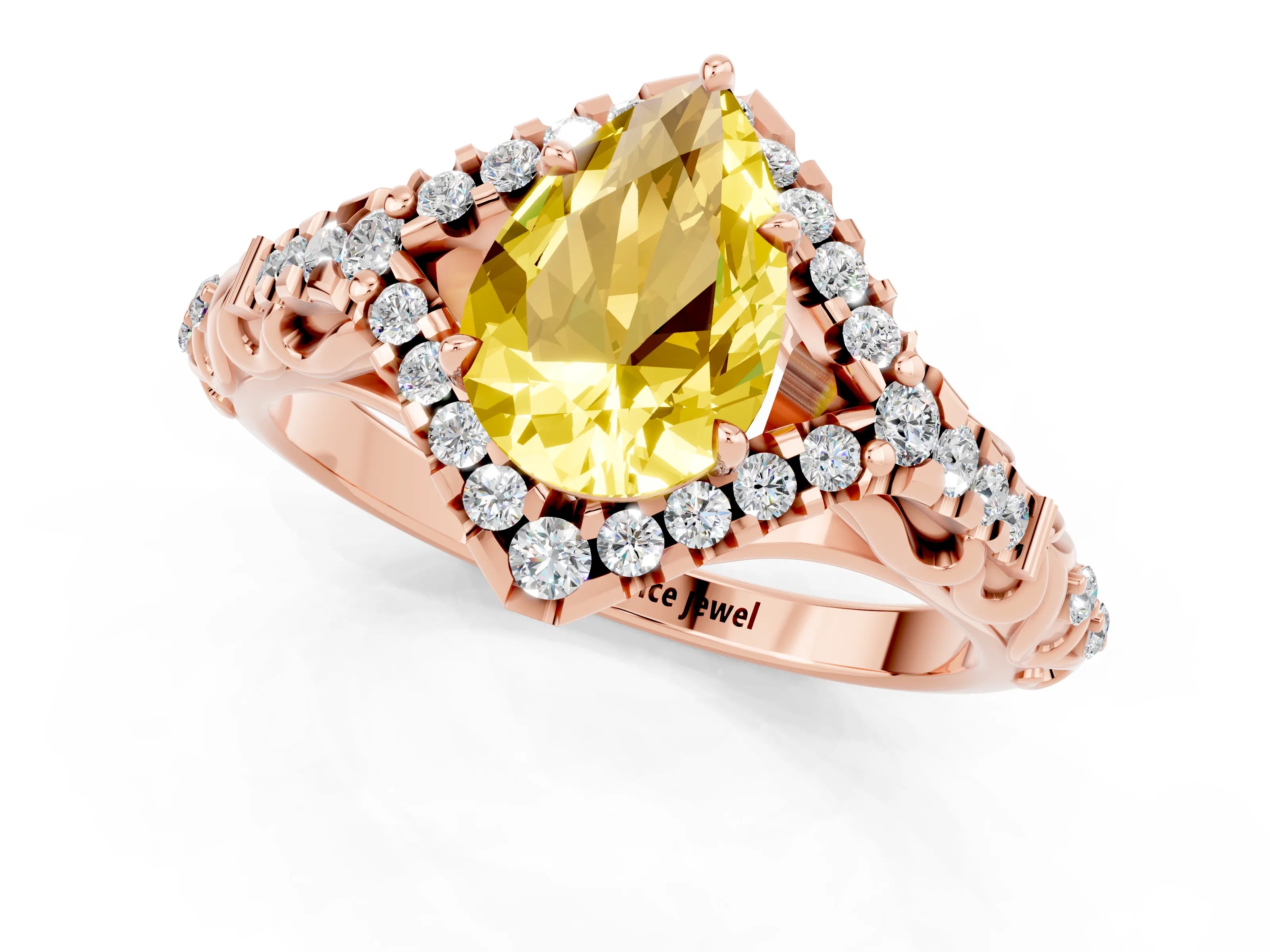 Rose gold Pear Cut Yellow Sapphire Solitaire Ring with Hidden Halo and Pavé Band_13