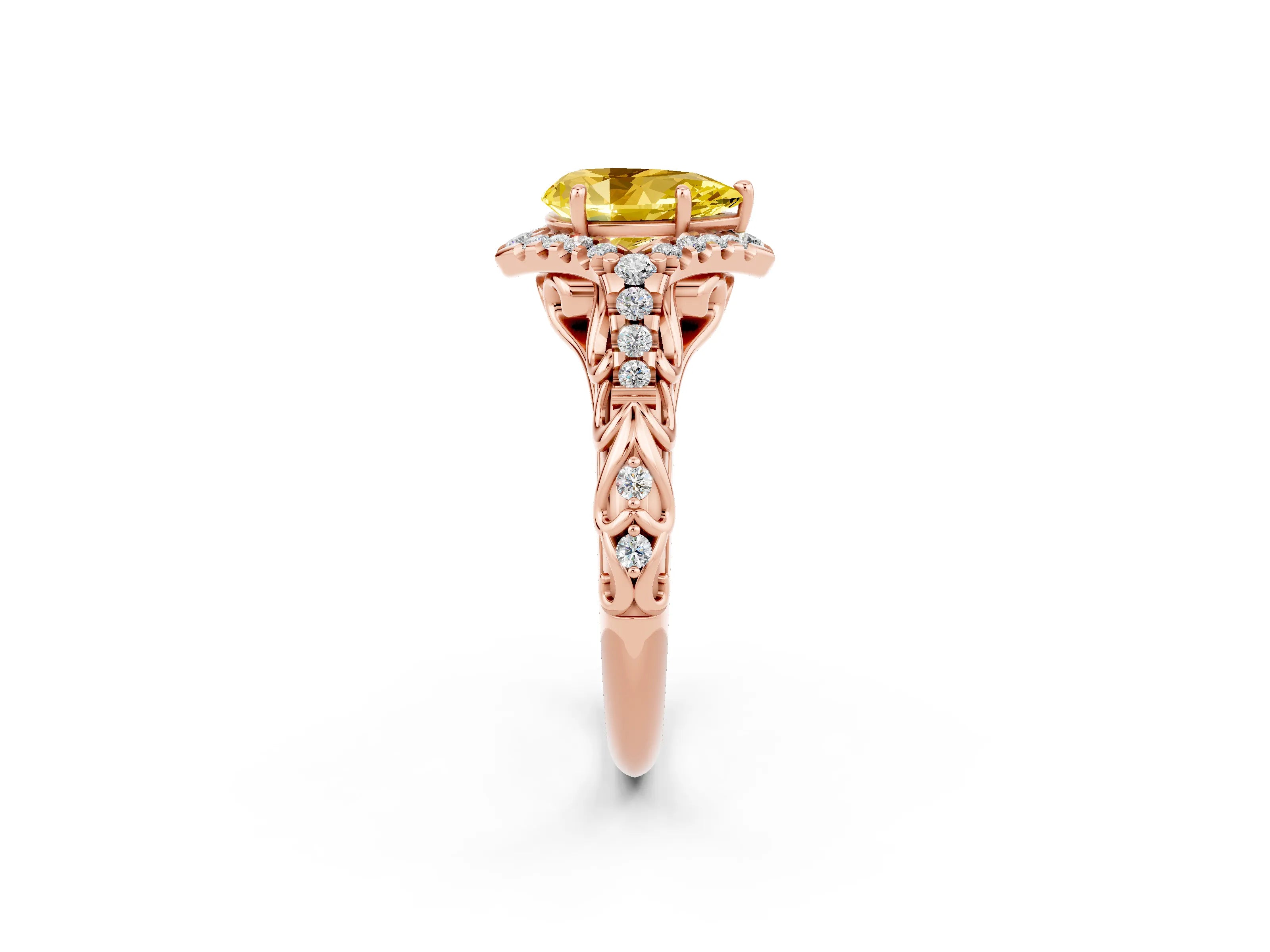 Rose gold Pear Cut Yellow Sapphire Solitaire Ring with Hidden Halo and Pavé Band_14
