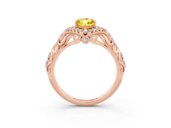 Rose gold Pear Cut Yellow Sapphire Solitaire Ring with Hidden Halo and Pavé Band