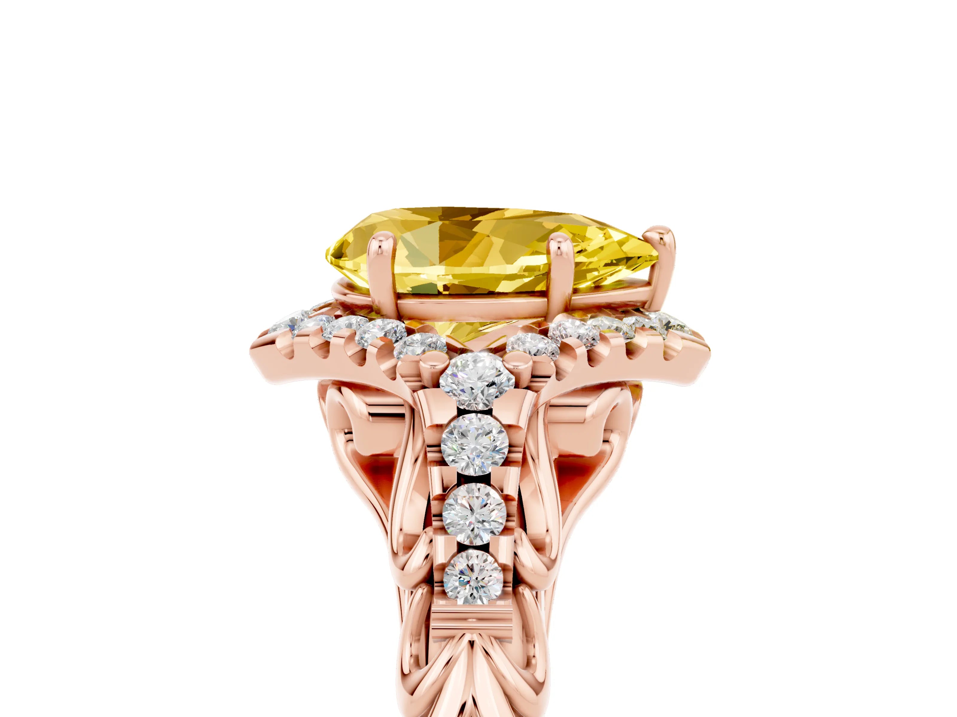 Rose gold Pear Cut Yellow Sapphire Solitaire Ring with Hidden Halo and Pavé Band_17
