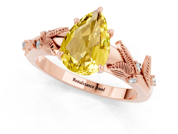Rose gold Pear Cut Yellow Sapphire Solitaire Ring with Leaf Motif Band and Four-Prong Setting