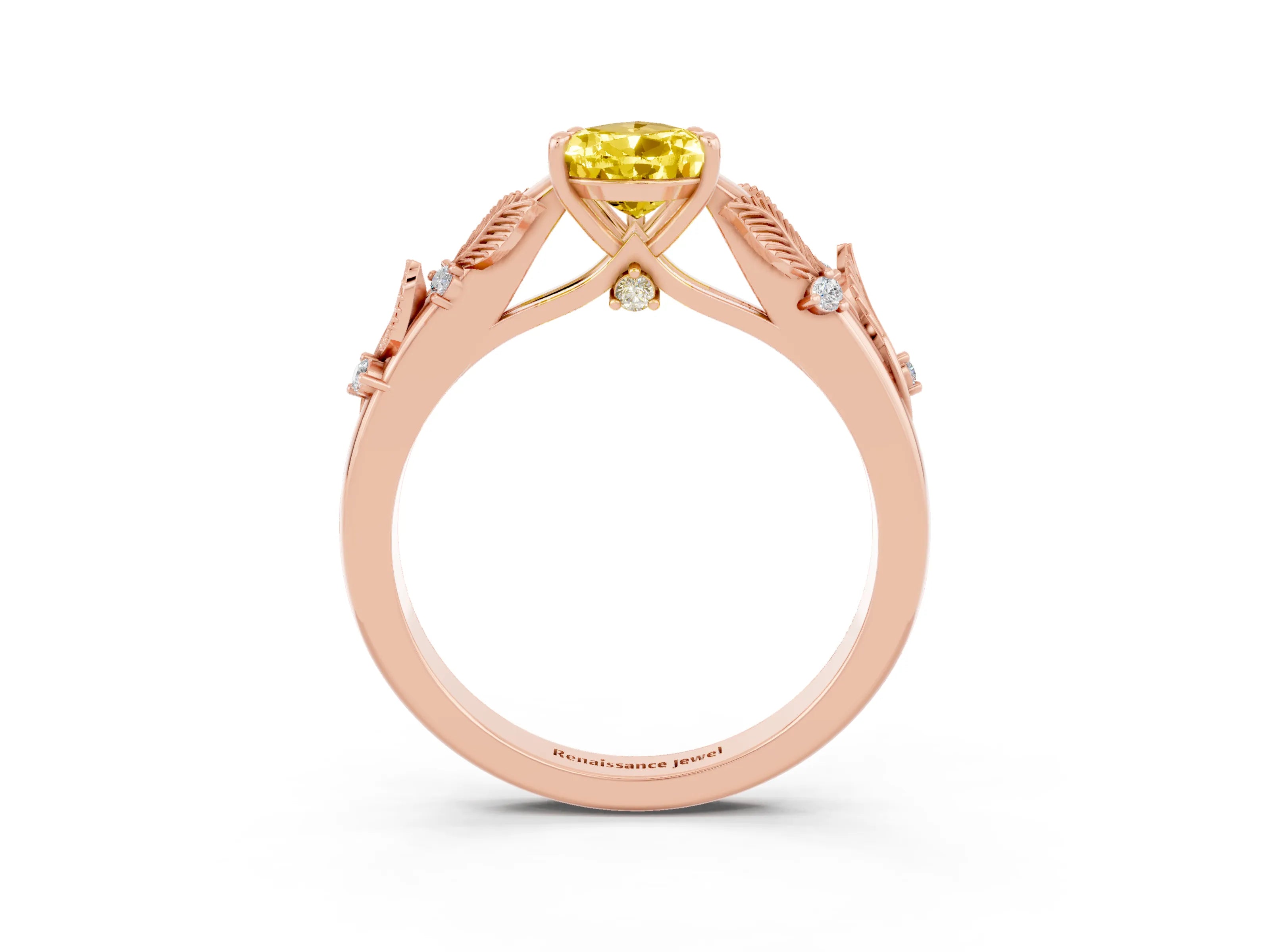Rose gold Pear Cut Yellow Sapphire Solitaire Ring with Leaf Motif Band and Four-Prong Setting_3