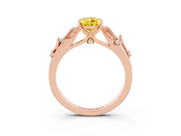 Rose gold Pear Cut Yellow Sapphire Solitaire Ring with Leaf Motif Band and Four-Prong Setting