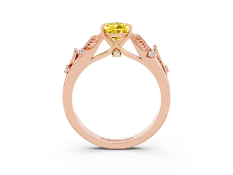 Rose gold Pear Cut Yellow Sapphire Solitaire Ring with Leaf Motif Band and Four-Prong Setting_3