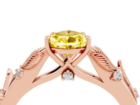 Rose gold Pear Cut Yellow Sapphire Solitaire Ring with Leaf Motif Band and Four-Prong Setting_4