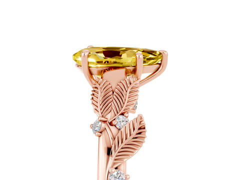 Rose gold Pear Cut Yellow Sapphire Solitaire Ring with Leaf Motif Band and Four-Prong Setting_5