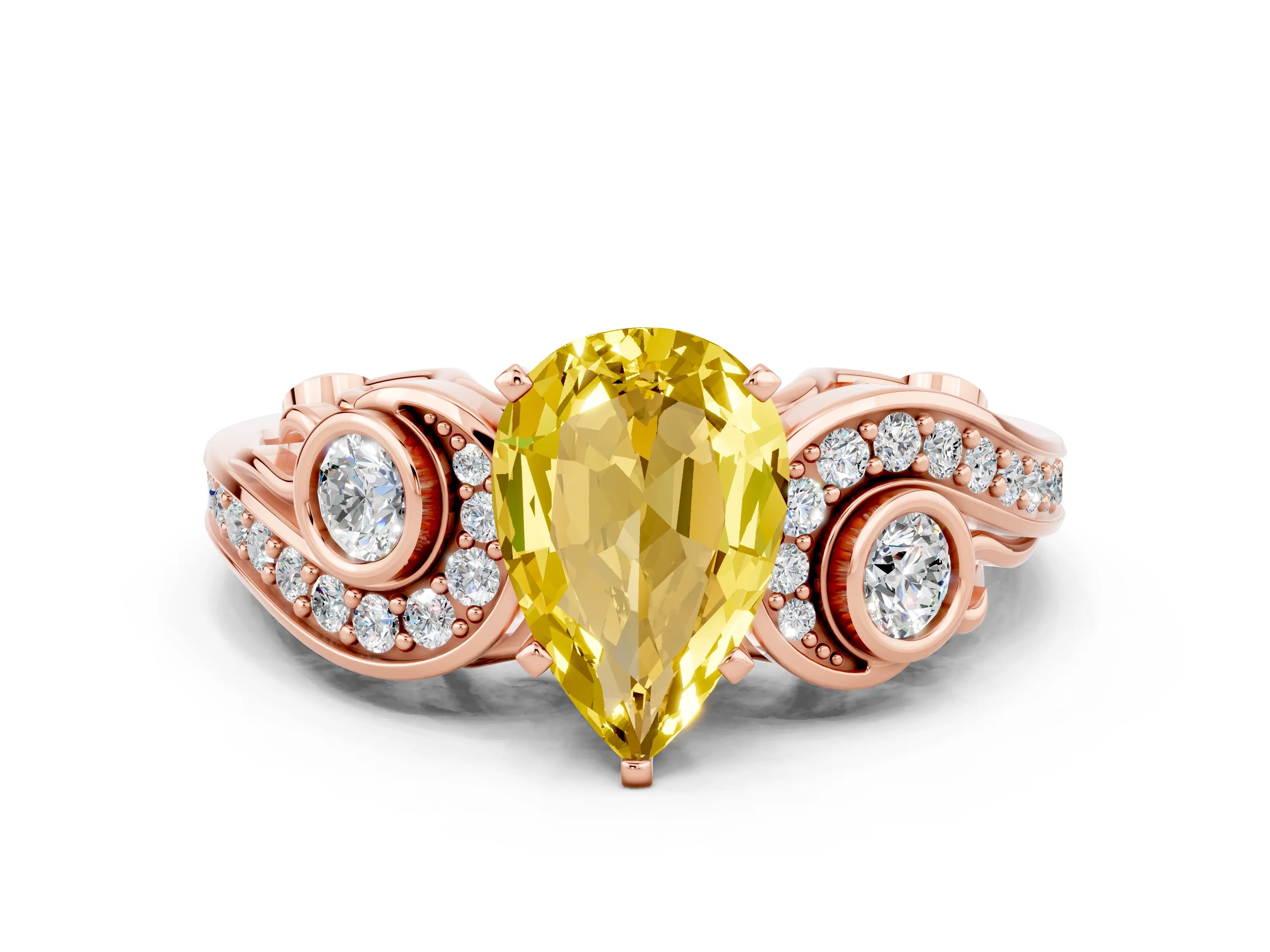 Rose gold Pear Cut Yellow Sapphire Solitaire Ring with Milgrain Pavé Band and Four-Prong Setting_24