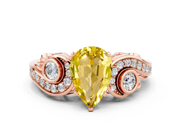 Rose gold Pear Cut Yellow Sapphire Solitaire Ring with Milgrain Pavé Band and Four-Prong Setting