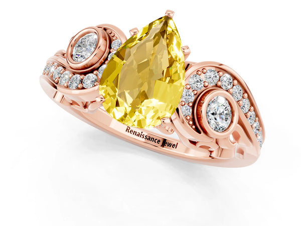 Rose gold Pear Cut Yellow Sapphire Solitaire Ring with Milgrain Pavé Band and Four-Prong Setting