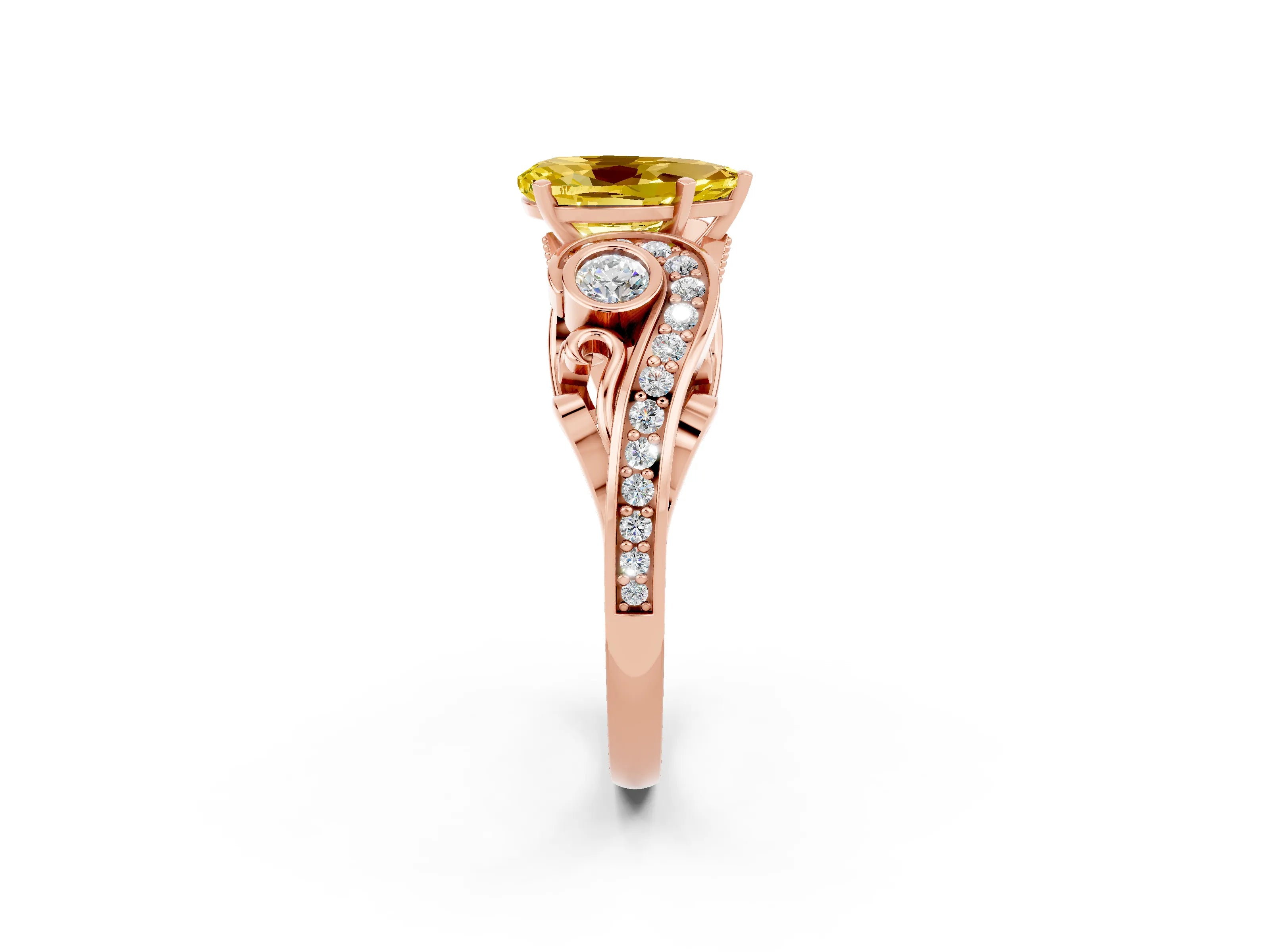 Rose gold Pear Cut Yellow Sapphire Solitaire Ring with Milgrain Pavé Band and Four-Prong Setting_26