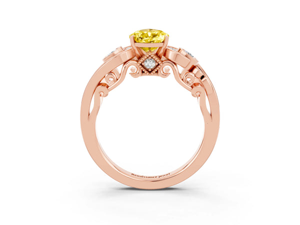 Rose gold Pear Cut Yellow Sapphire Solitaire Ring with Milgrain Pavé Band and Four-Prong Setting