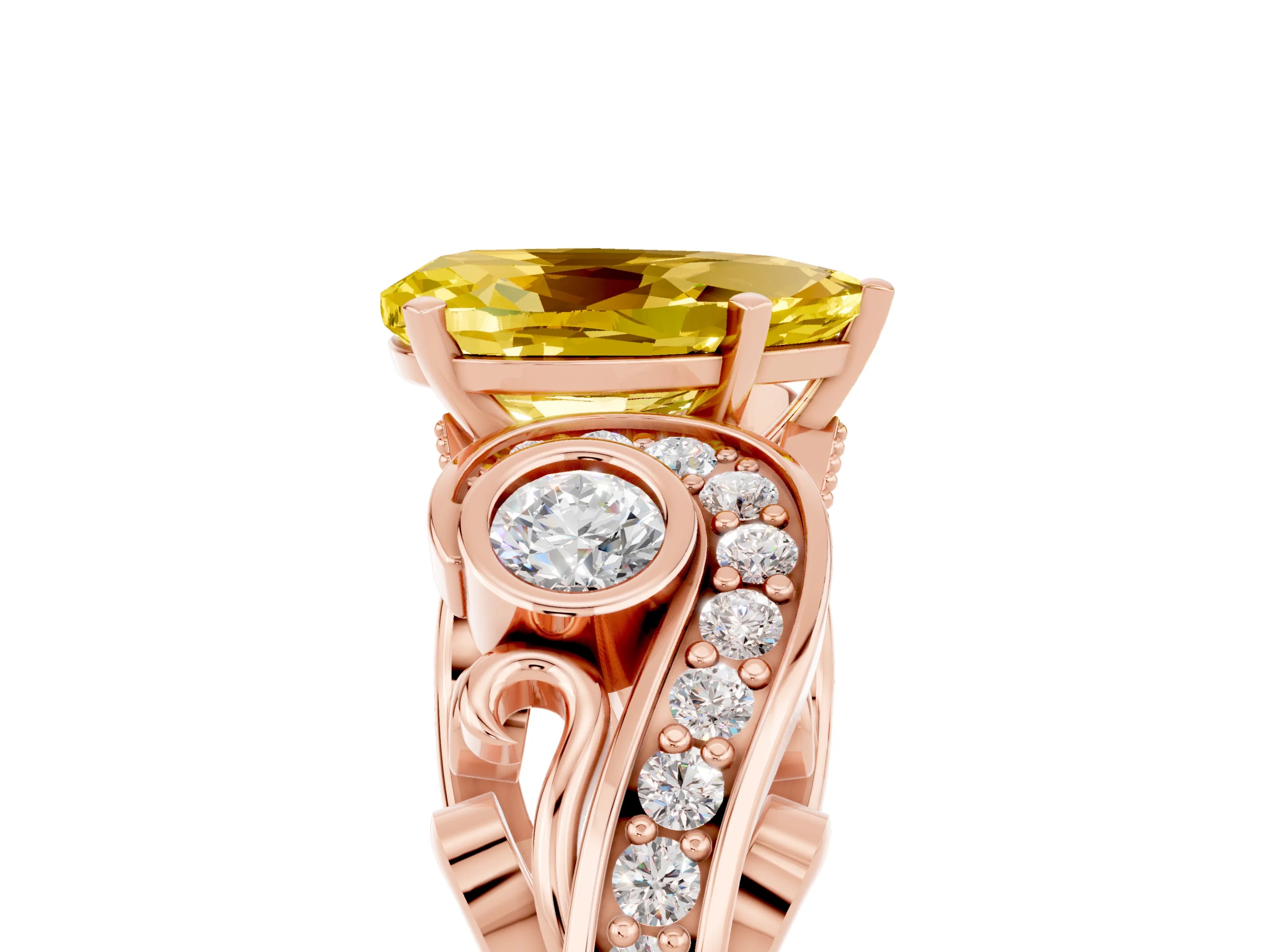 Rose gold Pear Cut Yellow Sapphire Solitaire Ring with Milgrain Pavé Band and Four-Prong Setting_29