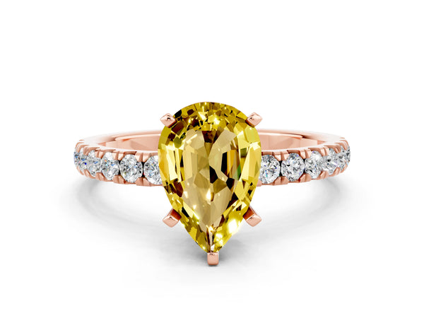 Rose gold Pear Cut Yellow Sapphire Solitaire Ring with Pavé Accents and Four-Prong Setting