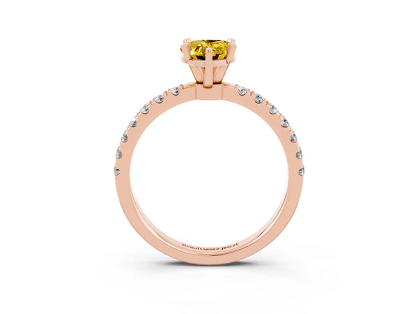 Rose gold Pear Cut Yellow Sapphire Solitaire Ring with Pavé Accents and Four-Prong Setting